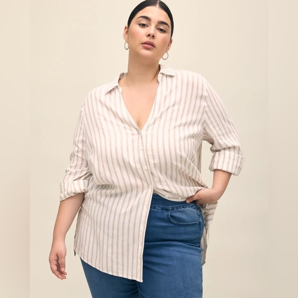 Striped Linen Blend Tunic with Rolled-Up Sleeves - Picture 1 of 5